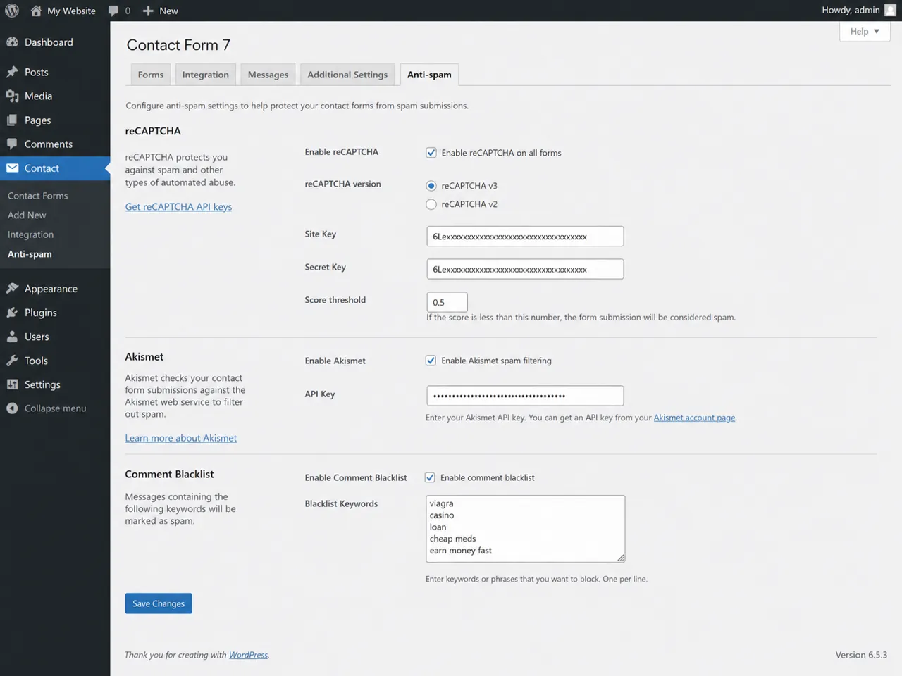 Contact Form 7 anti-spam or integration settings