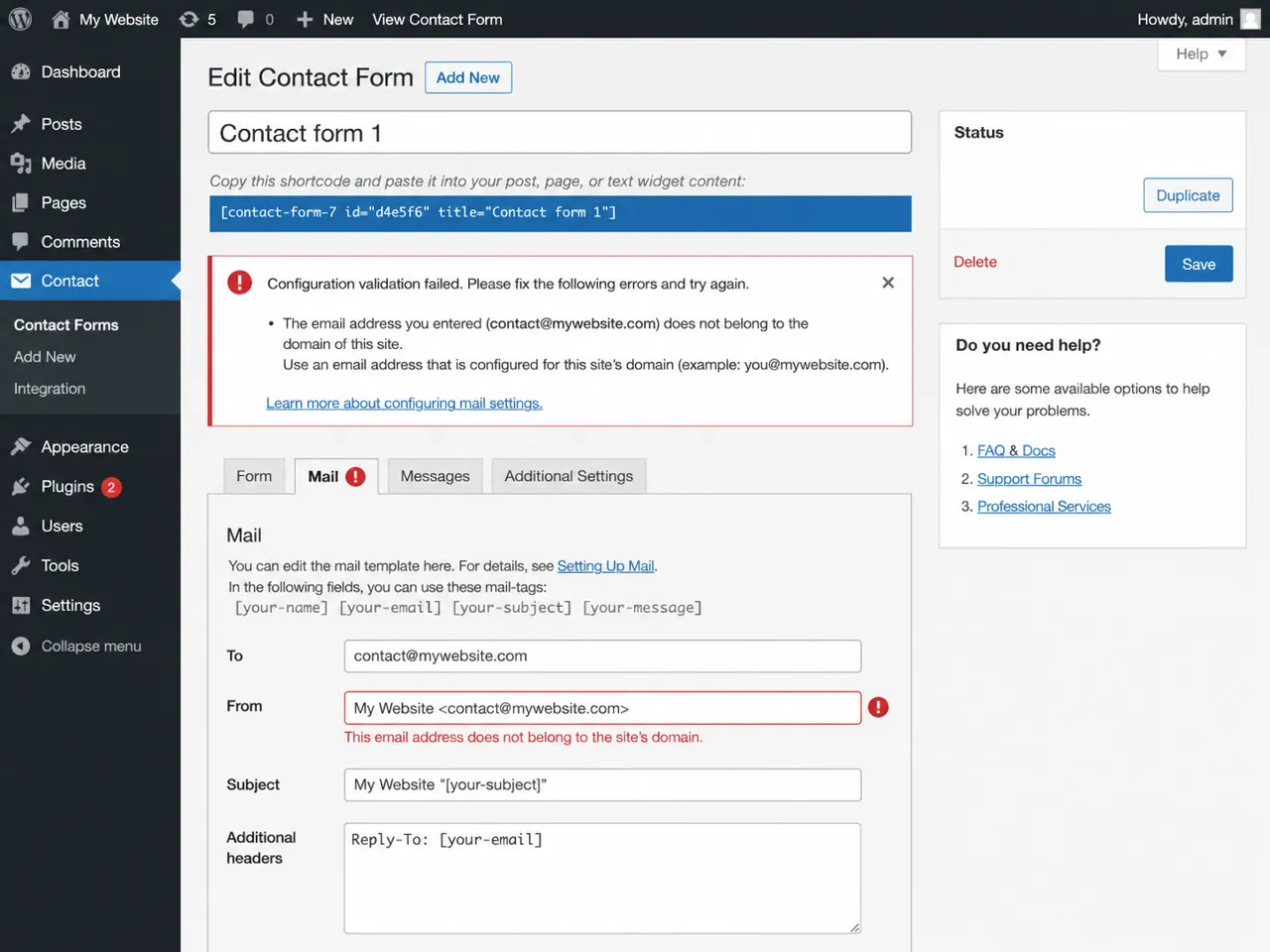 Contact Form 7 configuration warning in WordPress