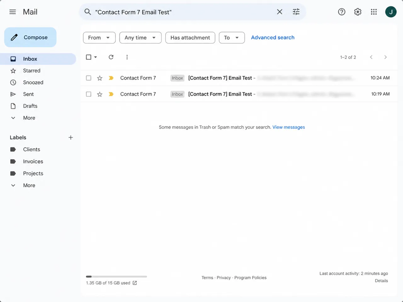 Searching an inbox for a Contact Form 7 test email