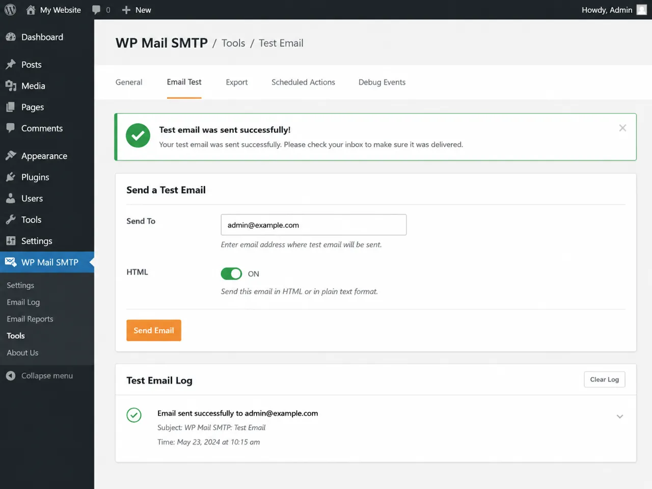WP Mail SMTP test email tool