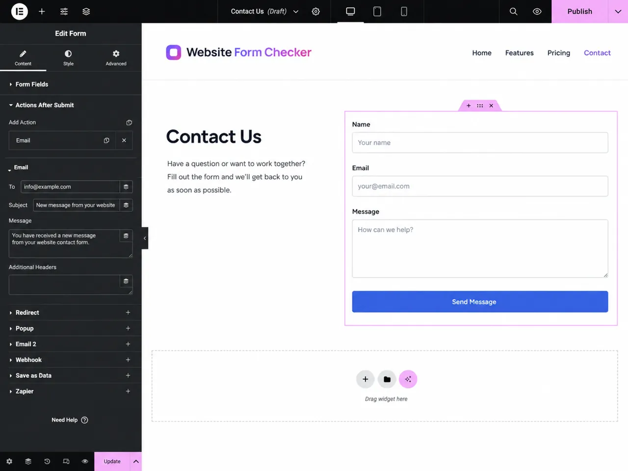 Elementor Actions After Submit panel with Email selected as an active action.