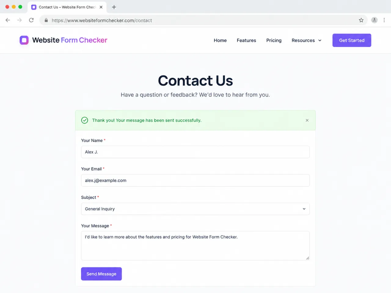 Elementor contact form success notice after the test submission is accepted.