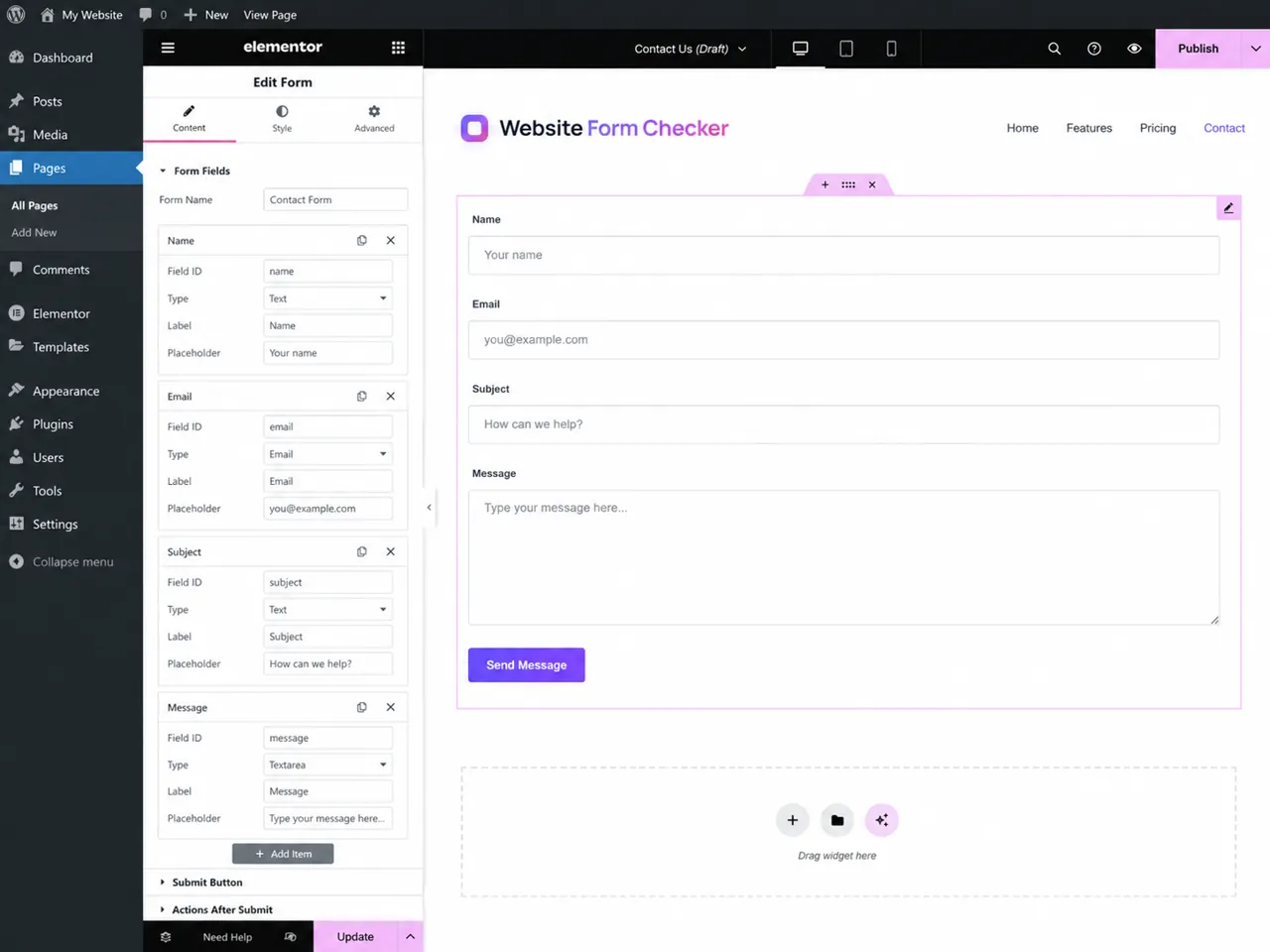 Elementor Form widget Content panel showing the form field list and field IDs.