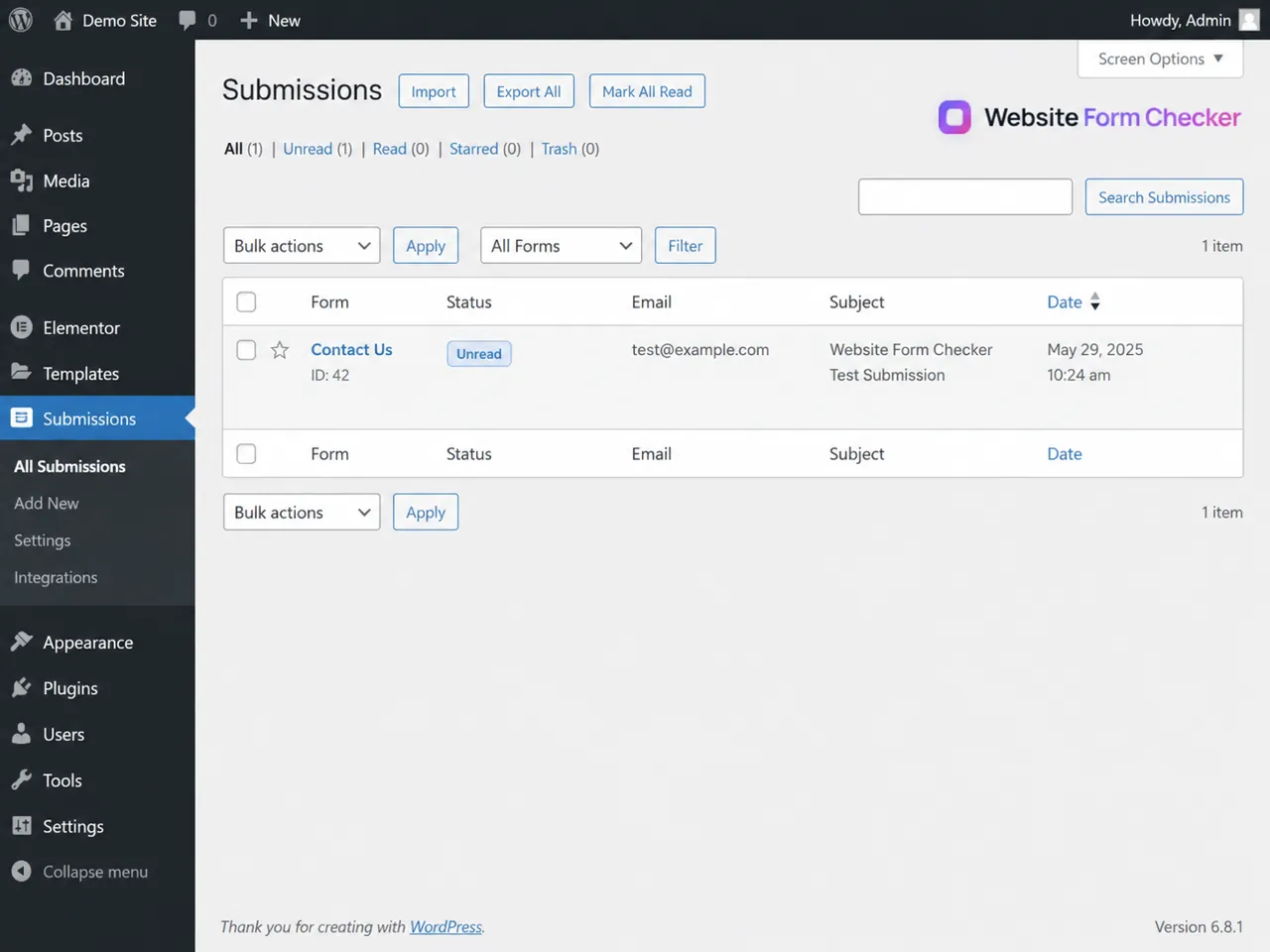 Elementor Submissions screen showing a saved test submission with status and date.