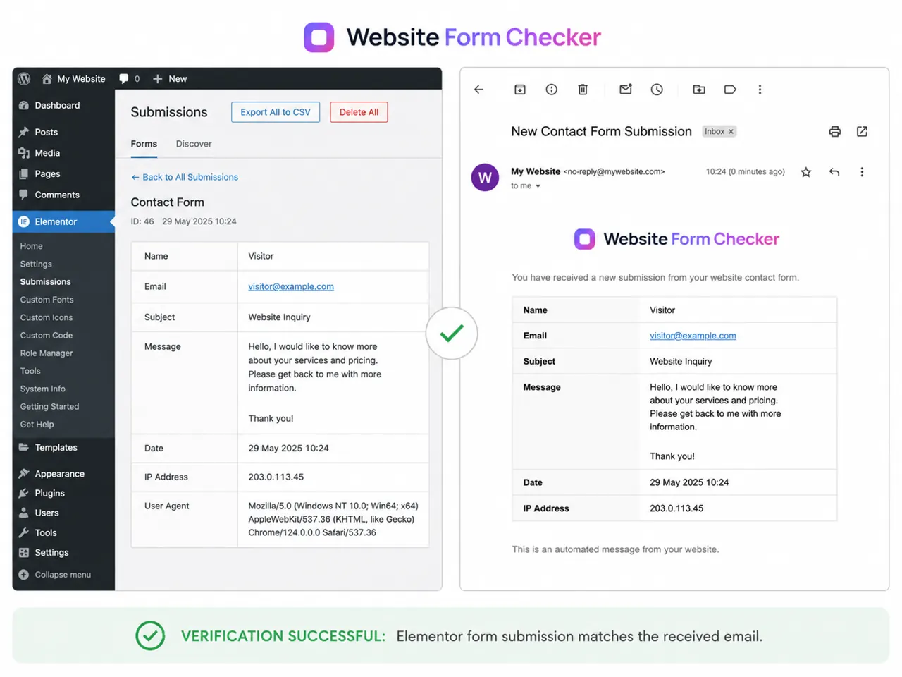 Final verification showing the Elementor submission matched against the received notification email.