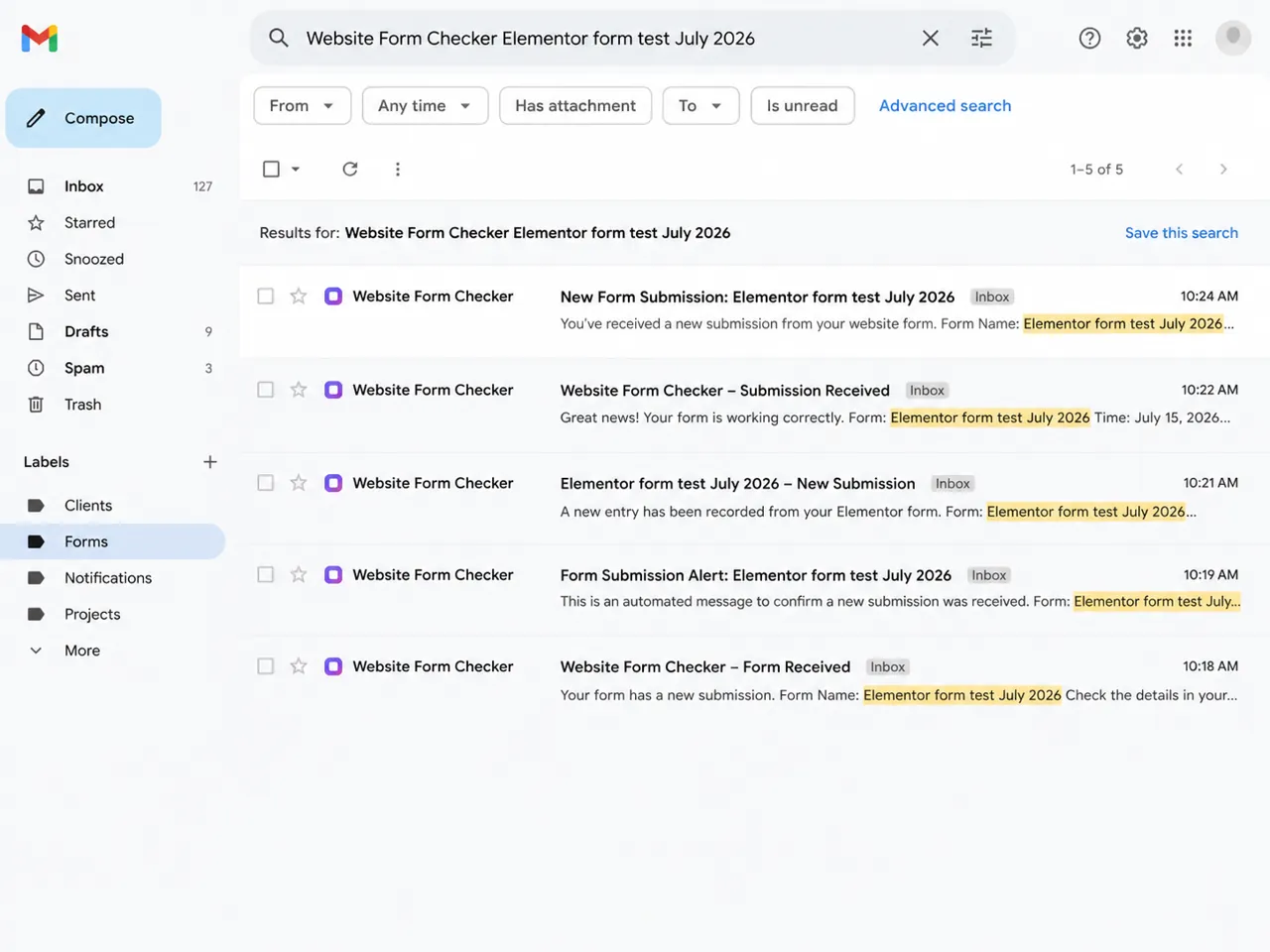 Inbox search results for the exact Elementor form test phrase.