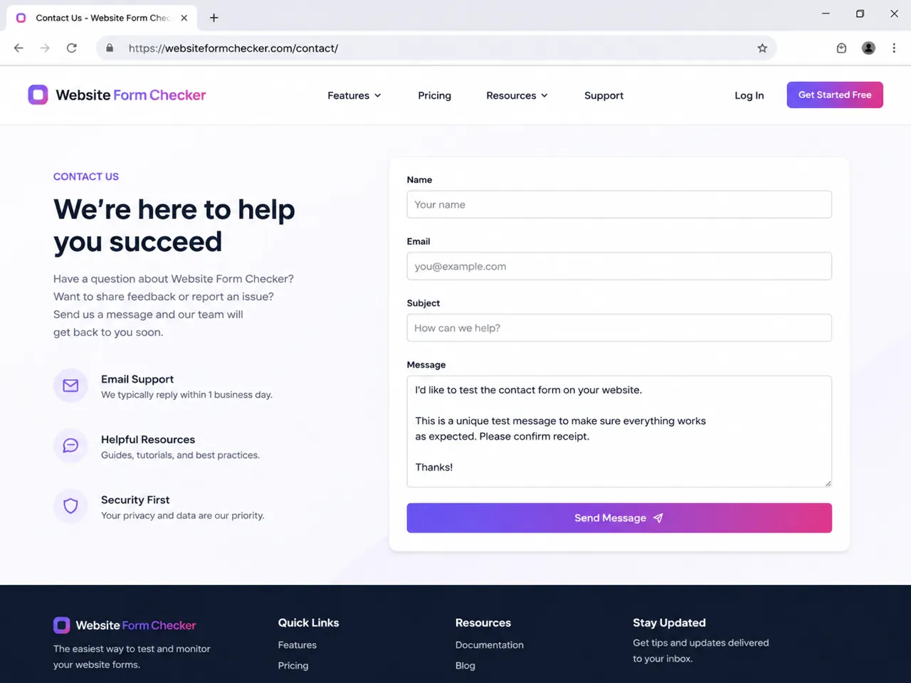 Live Elementor Pro contact page with a unique test message entered before submission.
