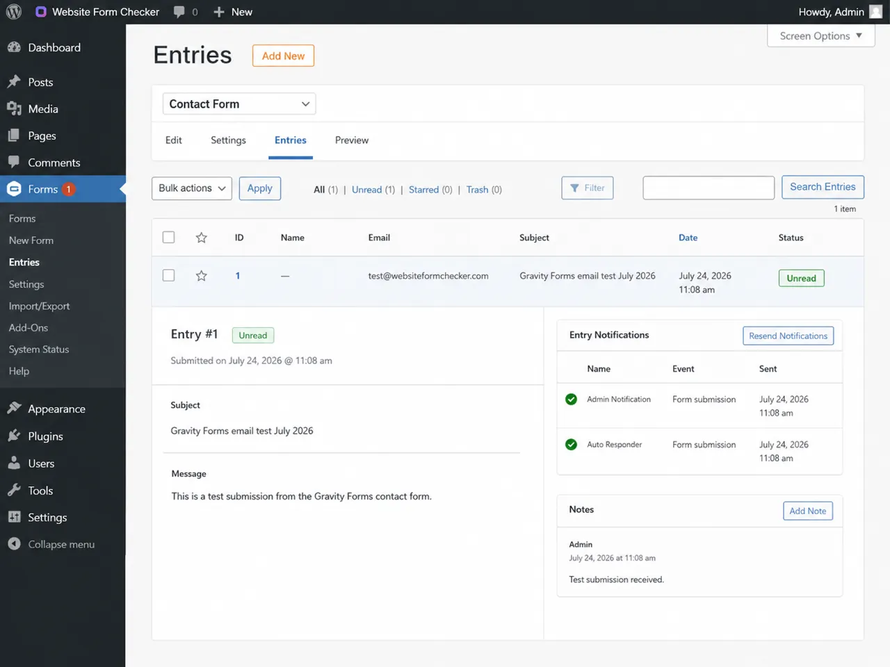 Entries help confirm whether the form saved the submission and attempted notifications.