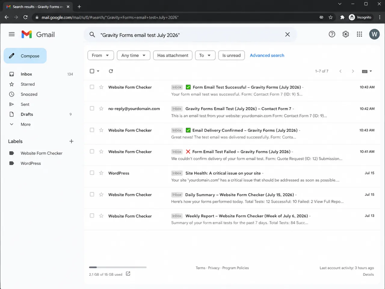 Search for the exact Gravity Forms test phrase across the mailbox.
