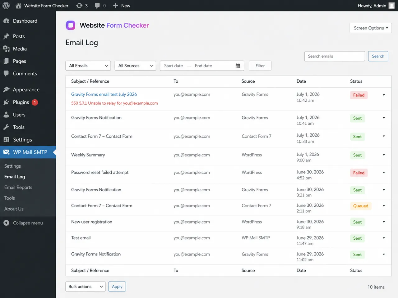 The email log shows whether the Gravity Forms notification was sent, failed, or queued.