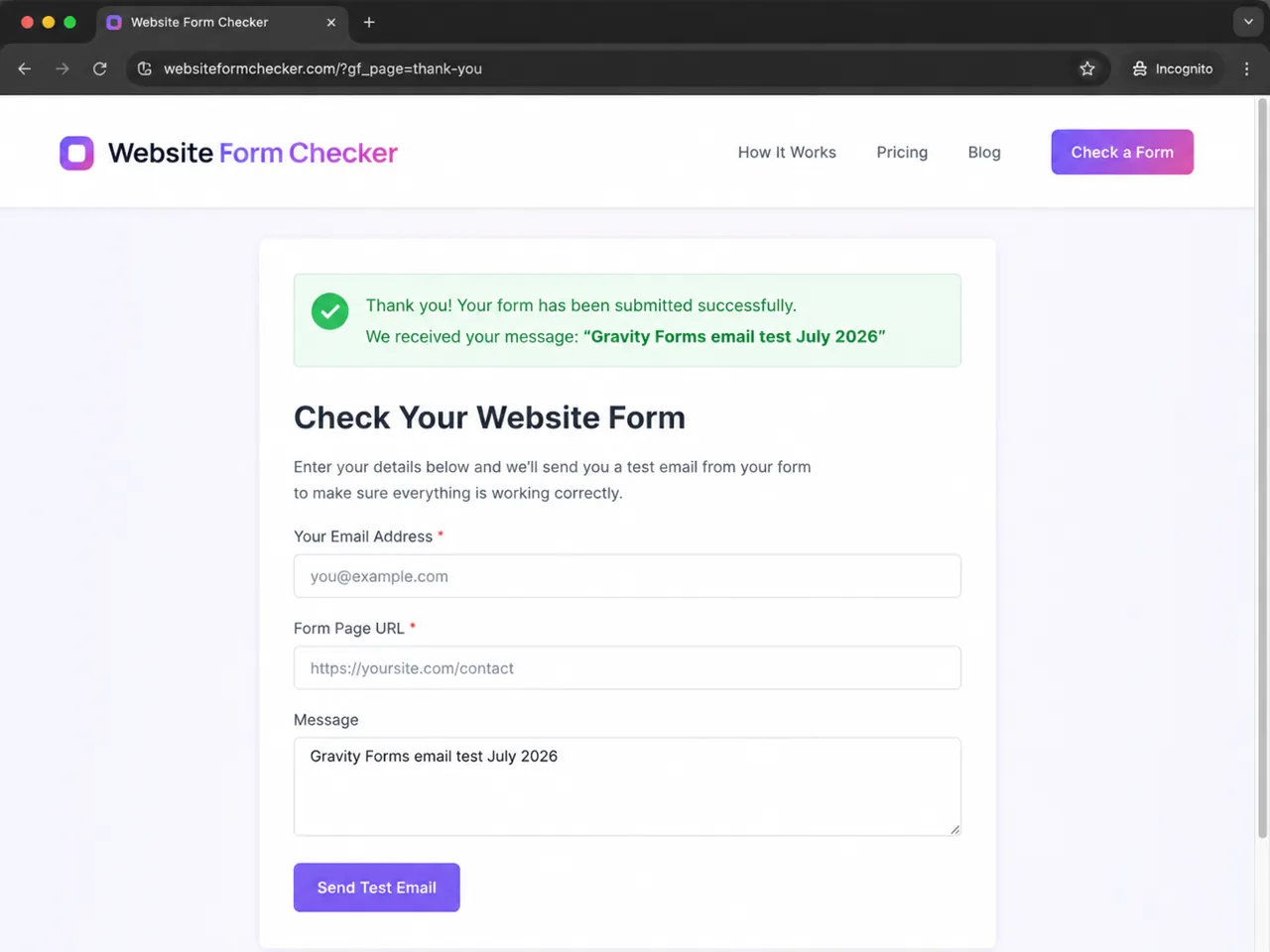 The form success state confirms submission, not inbox delivery.