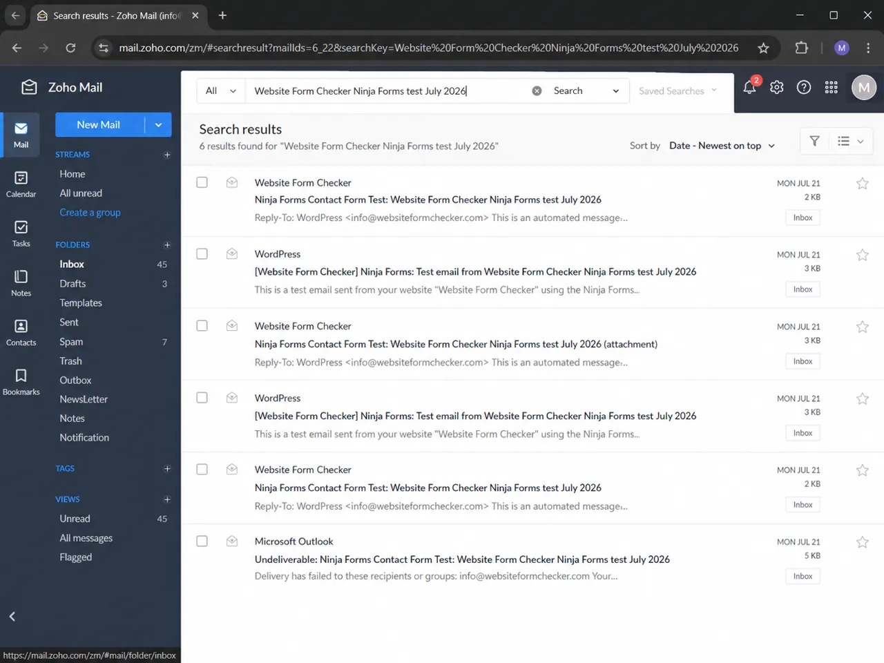 Email inbox search results showing a search for the Ninja Forms test message phrase