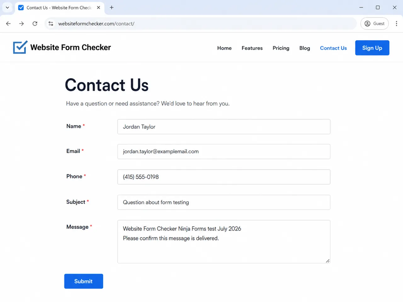 Live Ninja Forms contact form filled out with a unique test message
