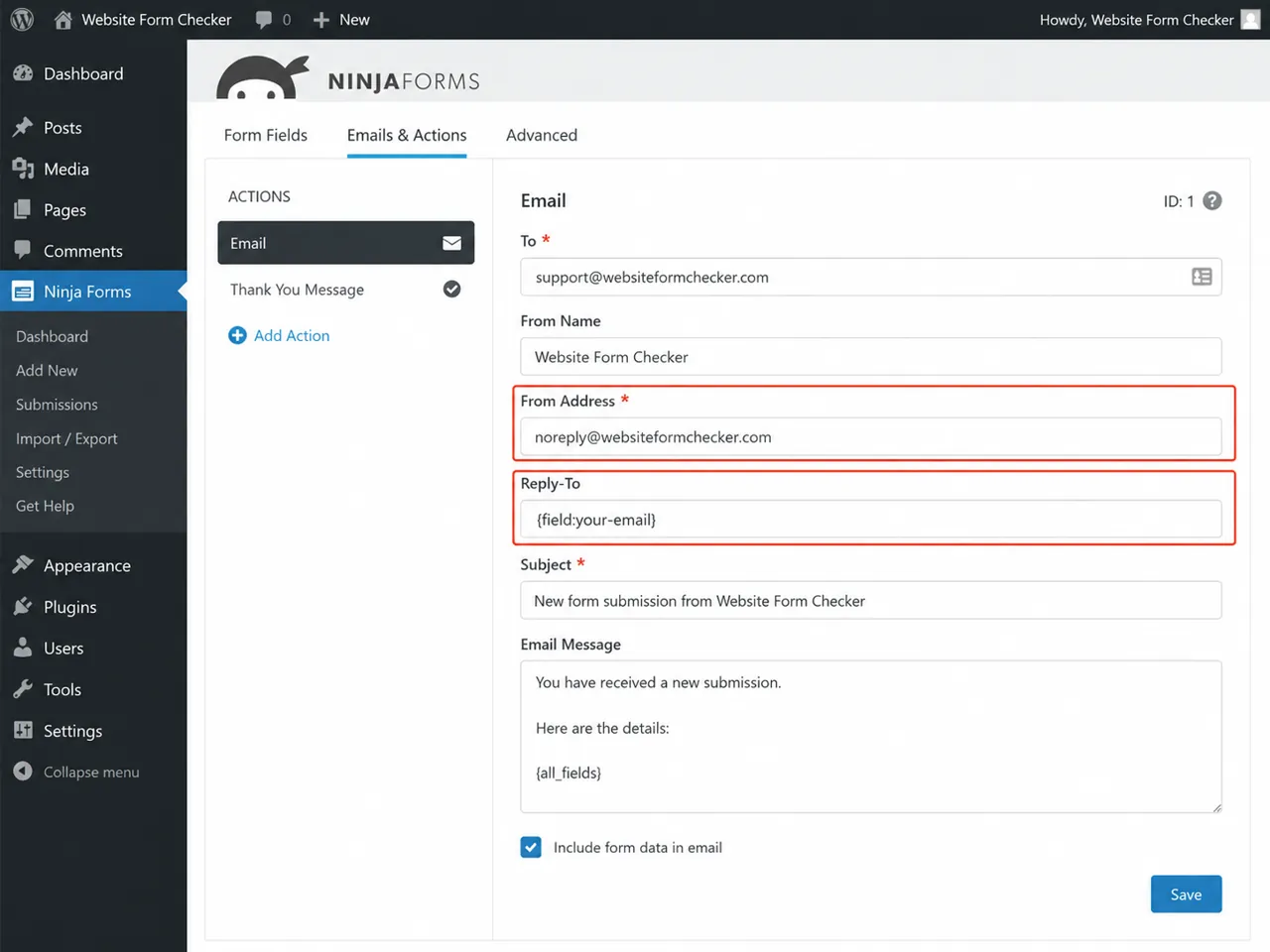 Ninja Forms email action settings showing the From Address and Reply To fields