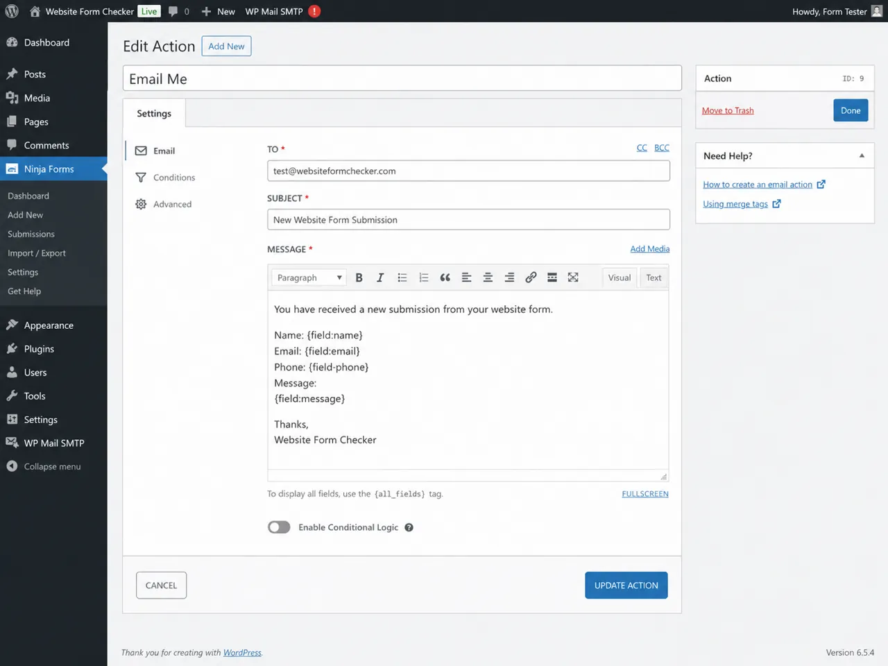 Ninja Forms email message body showing field merge tags for name, email, phone, and message