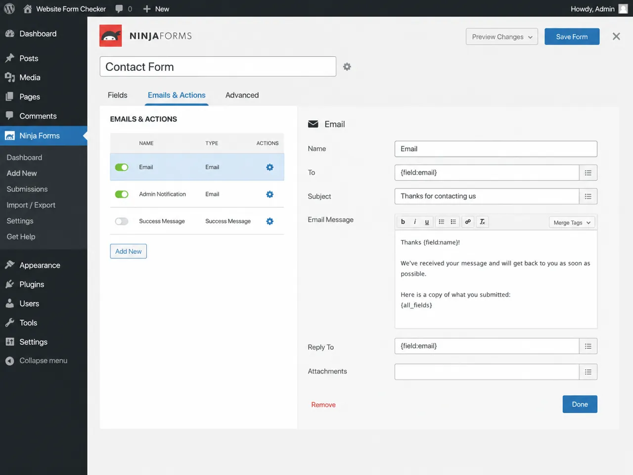 Ninja Forms form builder showing the Emails & Actions tab