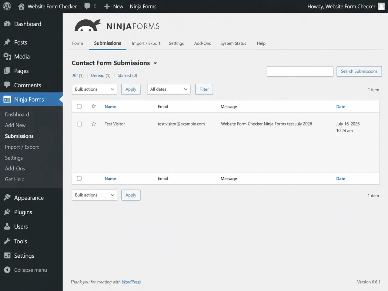 Ninja Forms submissions screen showing a saved test submission