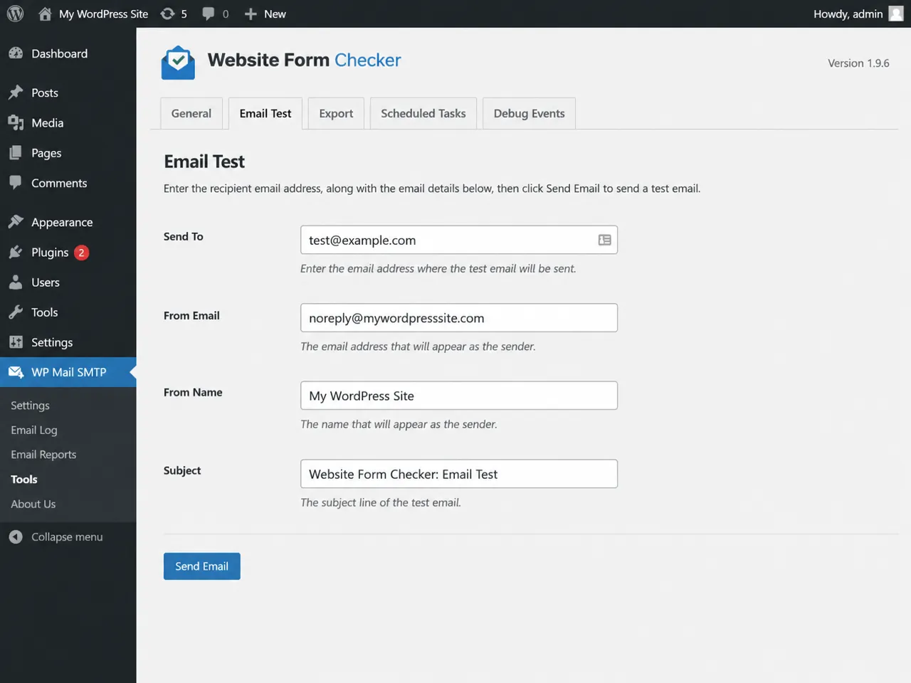 SMTP plugin test email screen with the recipient email field visible