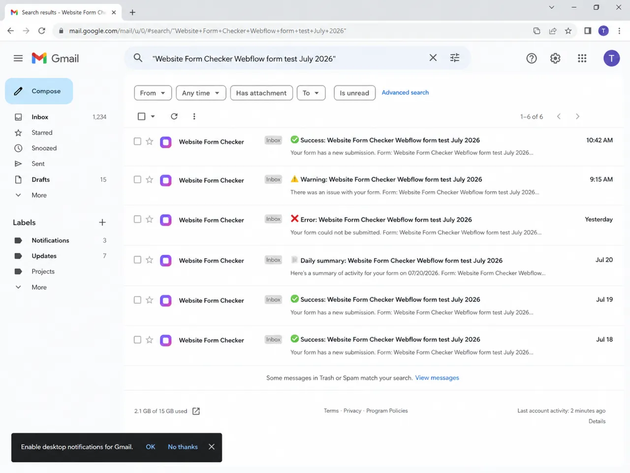 Email inbox search results for the exact Webflow form test phrase.
