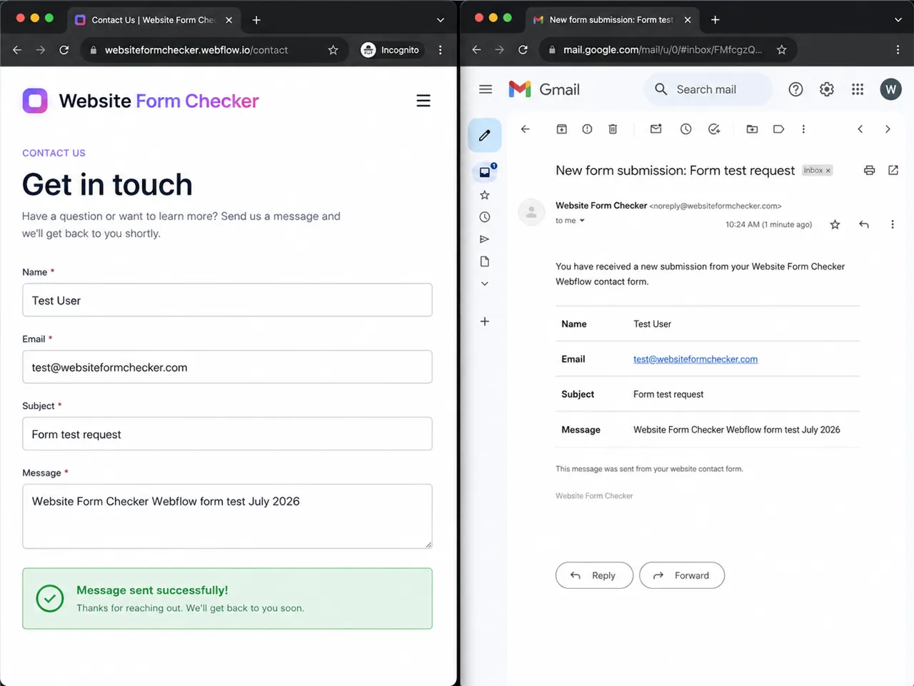 End-to-end Webflow form test showing the successful submission and received notification email side by side.