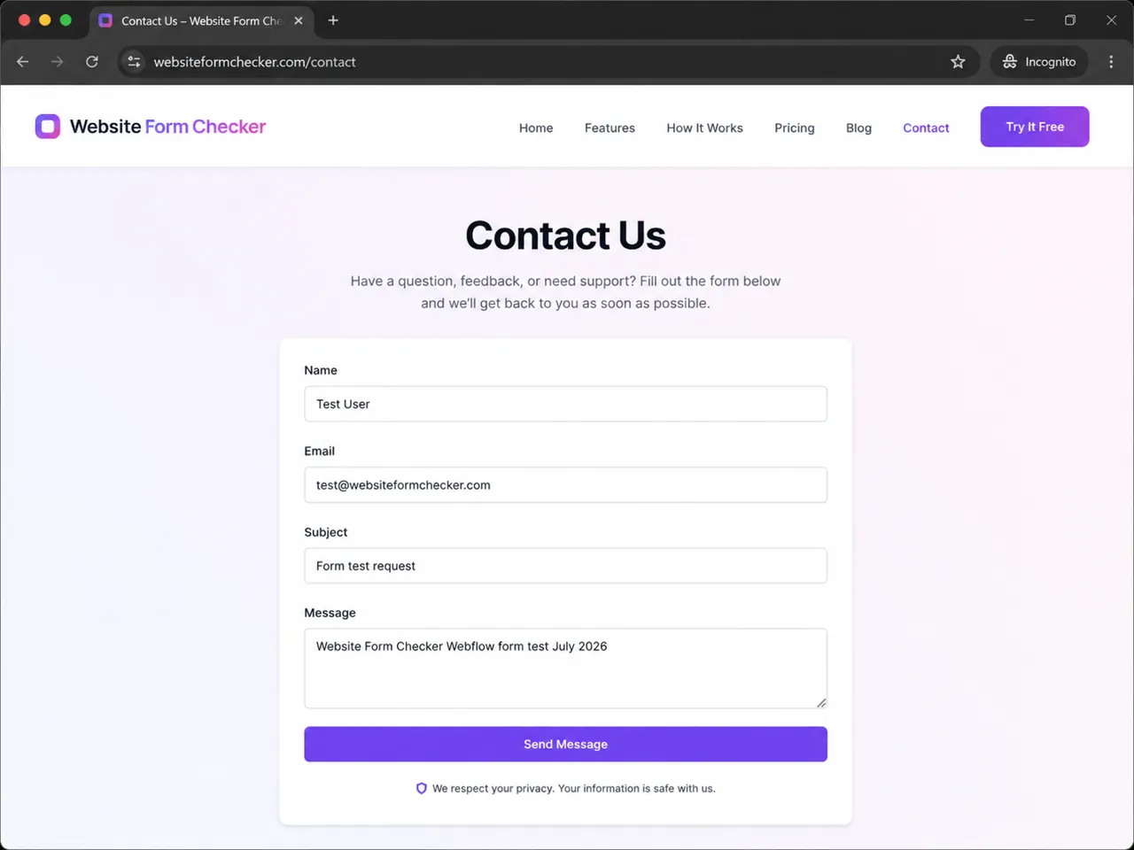 Live Webflow contact form on a published Website Form Checker page with a unique test message entered.