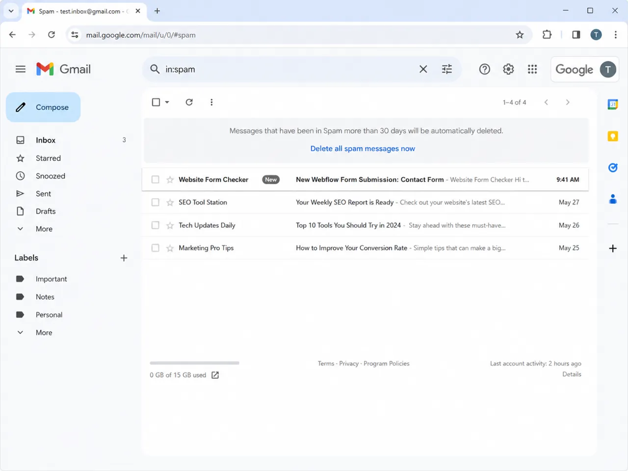 Spam folder showing a Webflow form notification email filtered into spam.