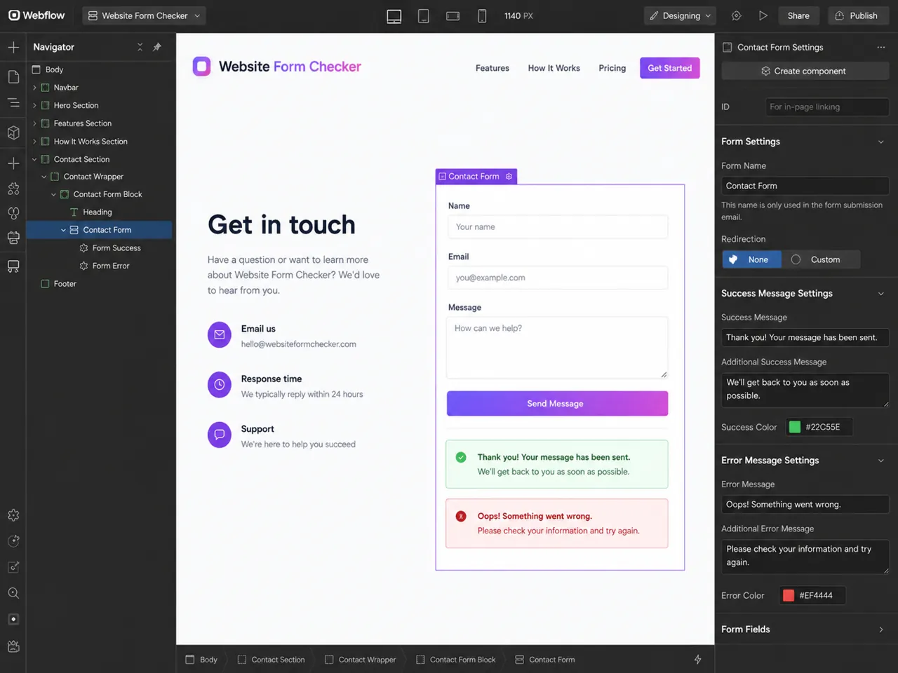 Webflow contact form settings panel showing success and error message settings.