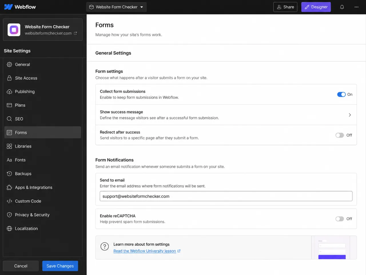 Webflow Site Settings Forms section showing the form notification email address field.