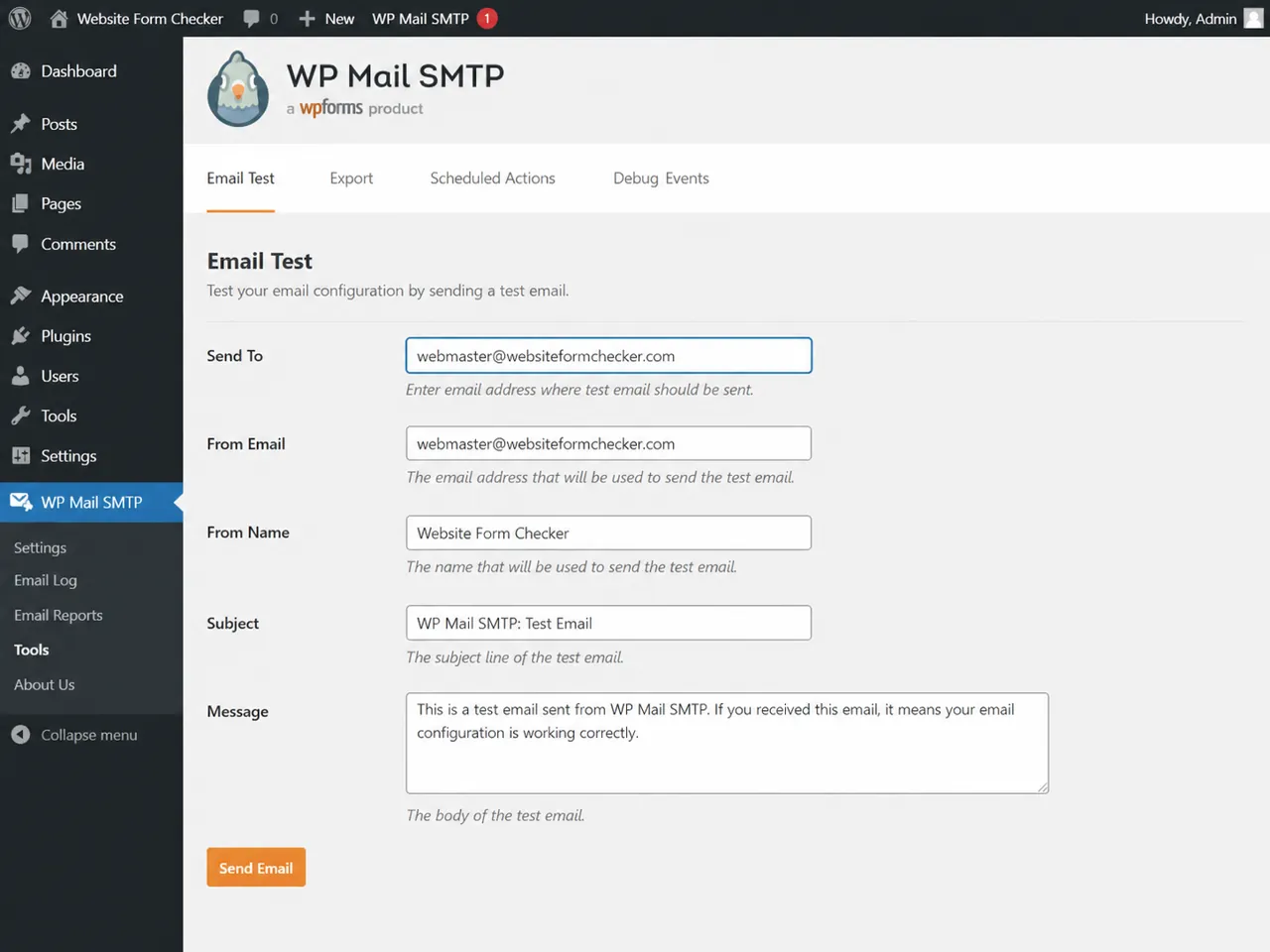 SMTP plugin test email screen with the recipient email field visible