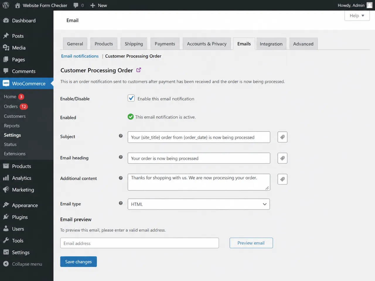 WooCommerce Customer Processing Order email settings showing that the customer email is enabled