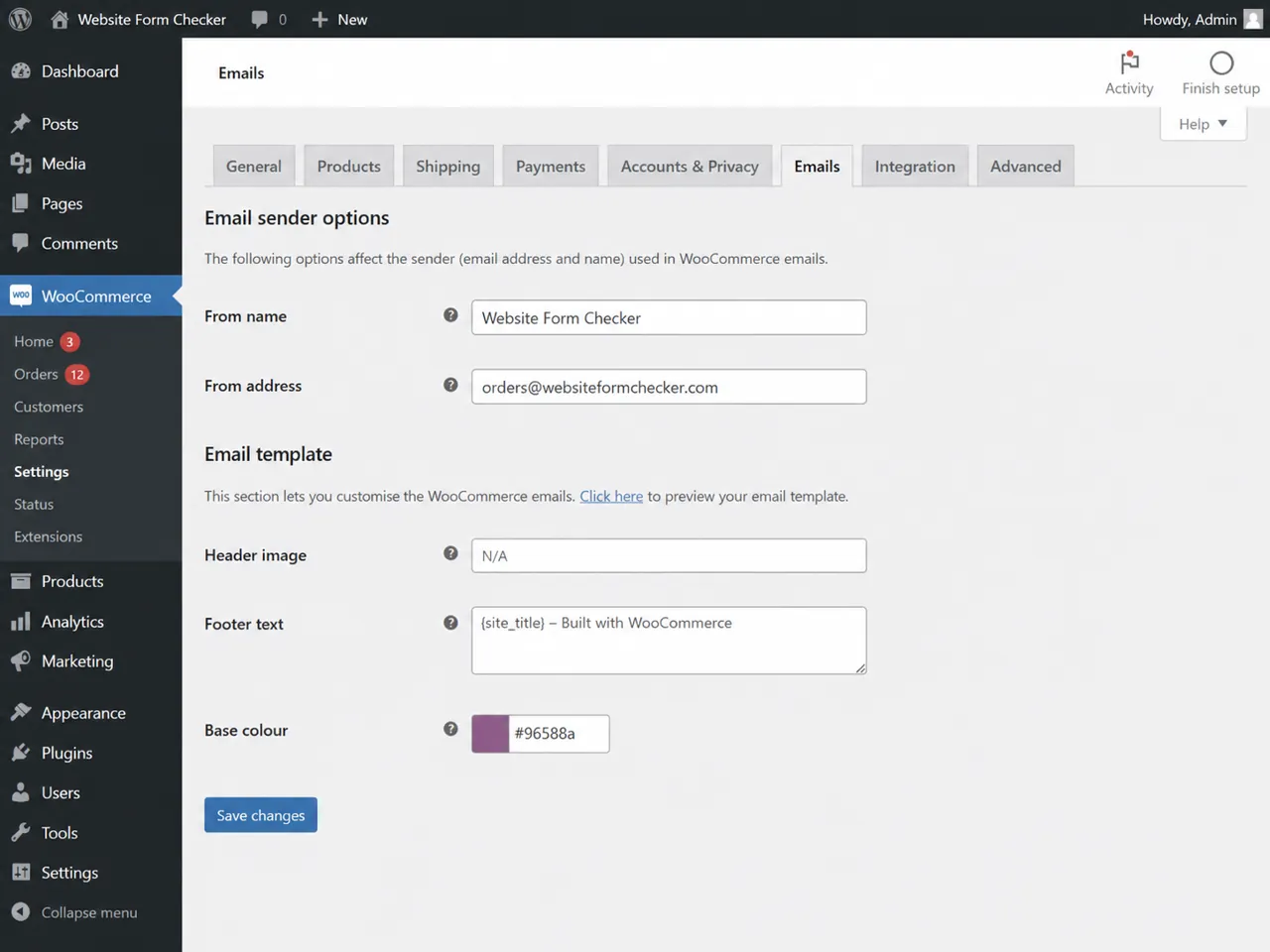 WooCommerce Email sender options showing the From name and From address fields