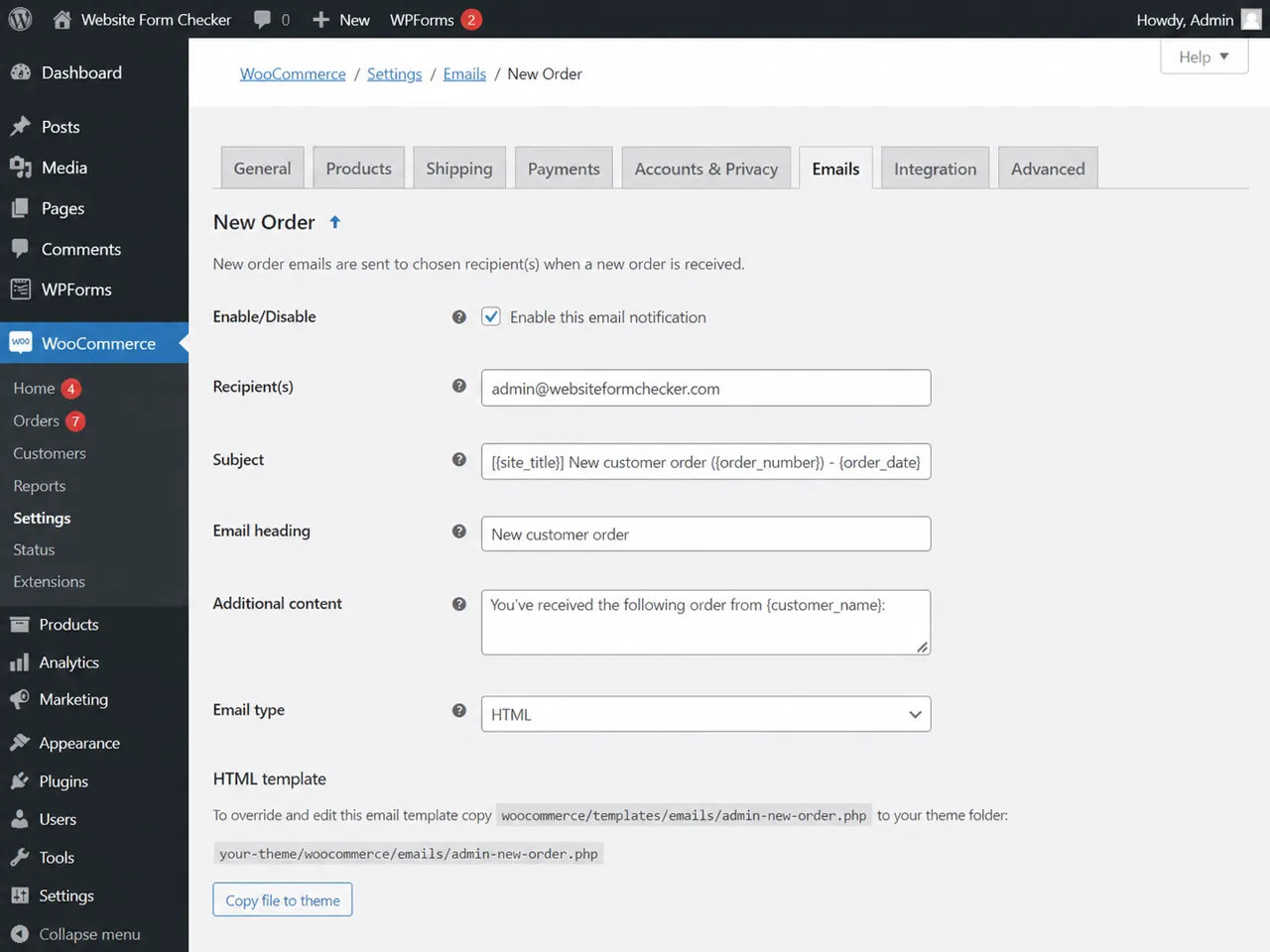 WooCommerce New Order email settings showing the Enable notification checkbox and Recipient field