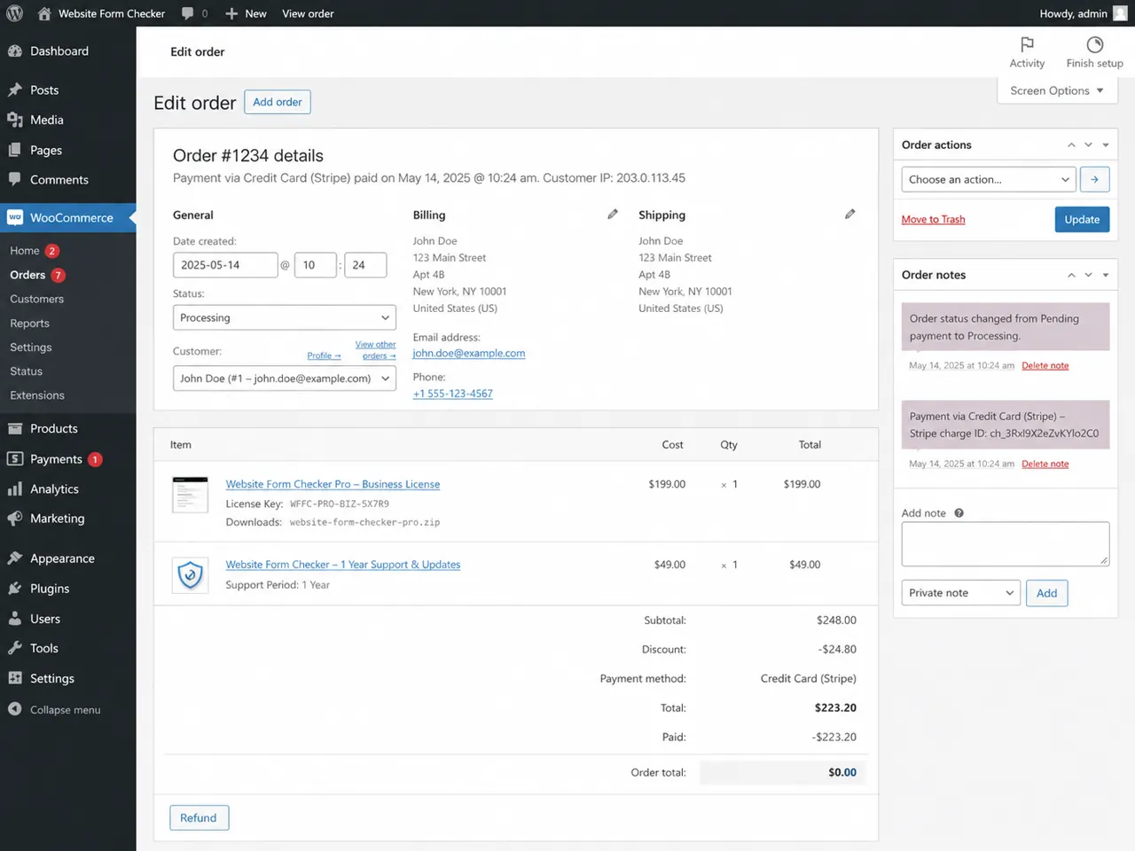 WooCommerce order edit screen showing the order status and customer email address