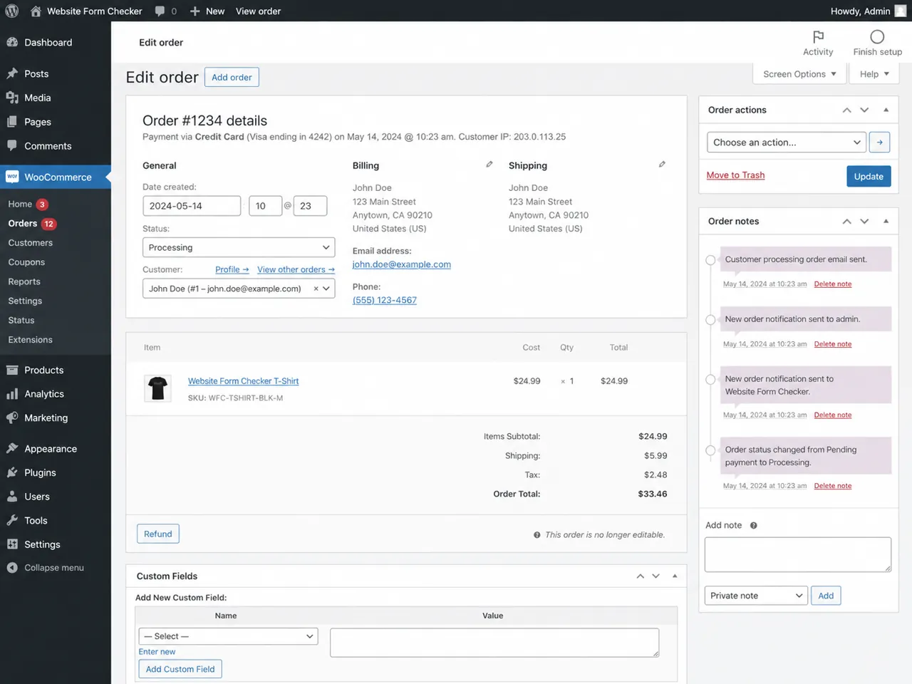 WooCommerce order notes showing an email notification was sent for the order