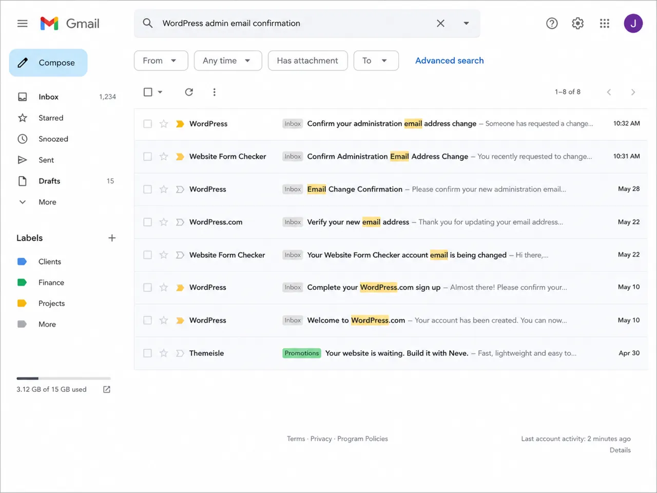 Email inbox search results showing a search for the WordPress admin email confirmation message