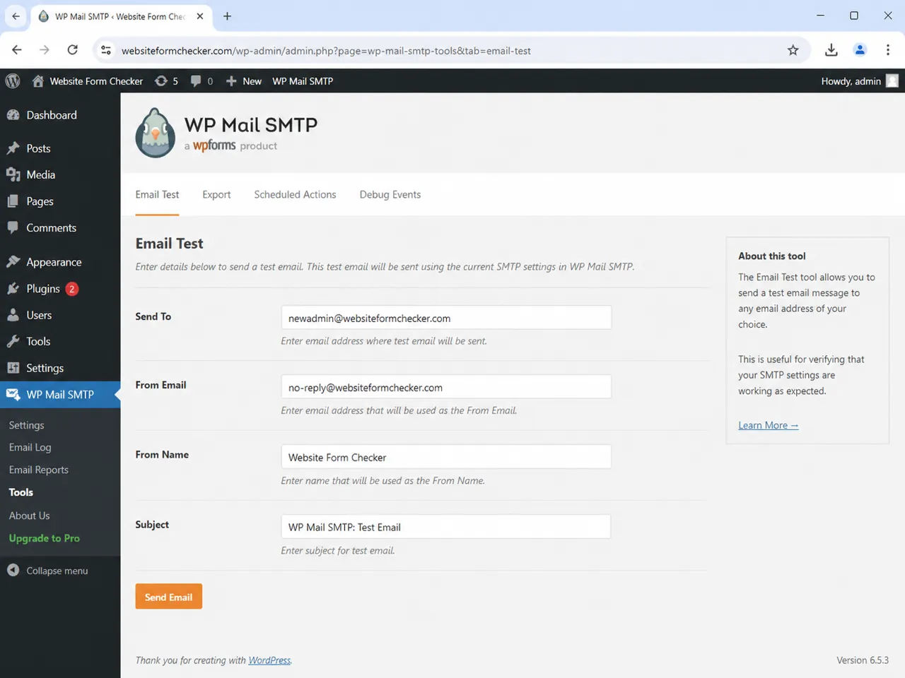 SMTP plugin test email screen with the recipient email field visible