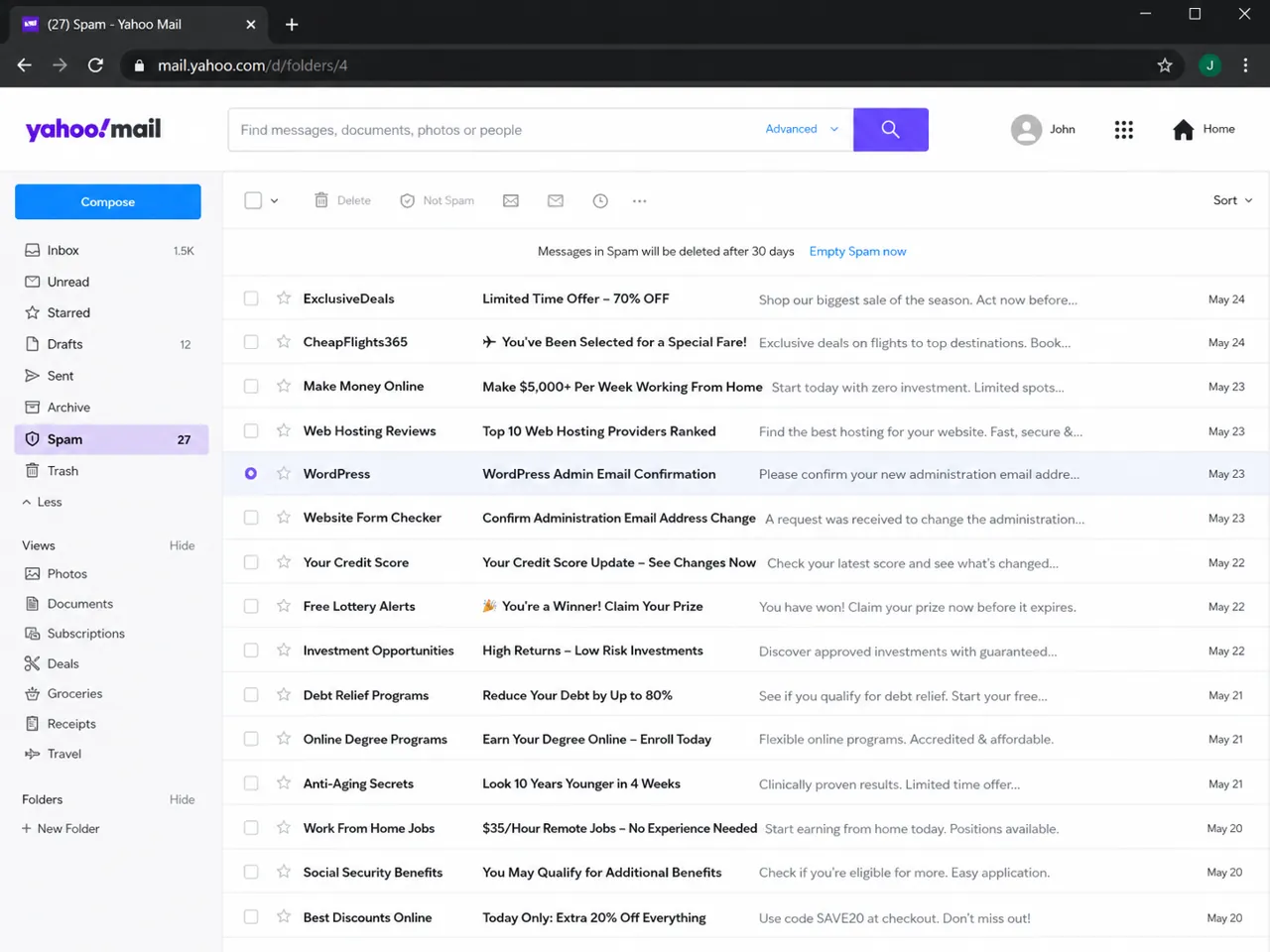 Spam or junk folder showing a WordPress admin email confirmation message