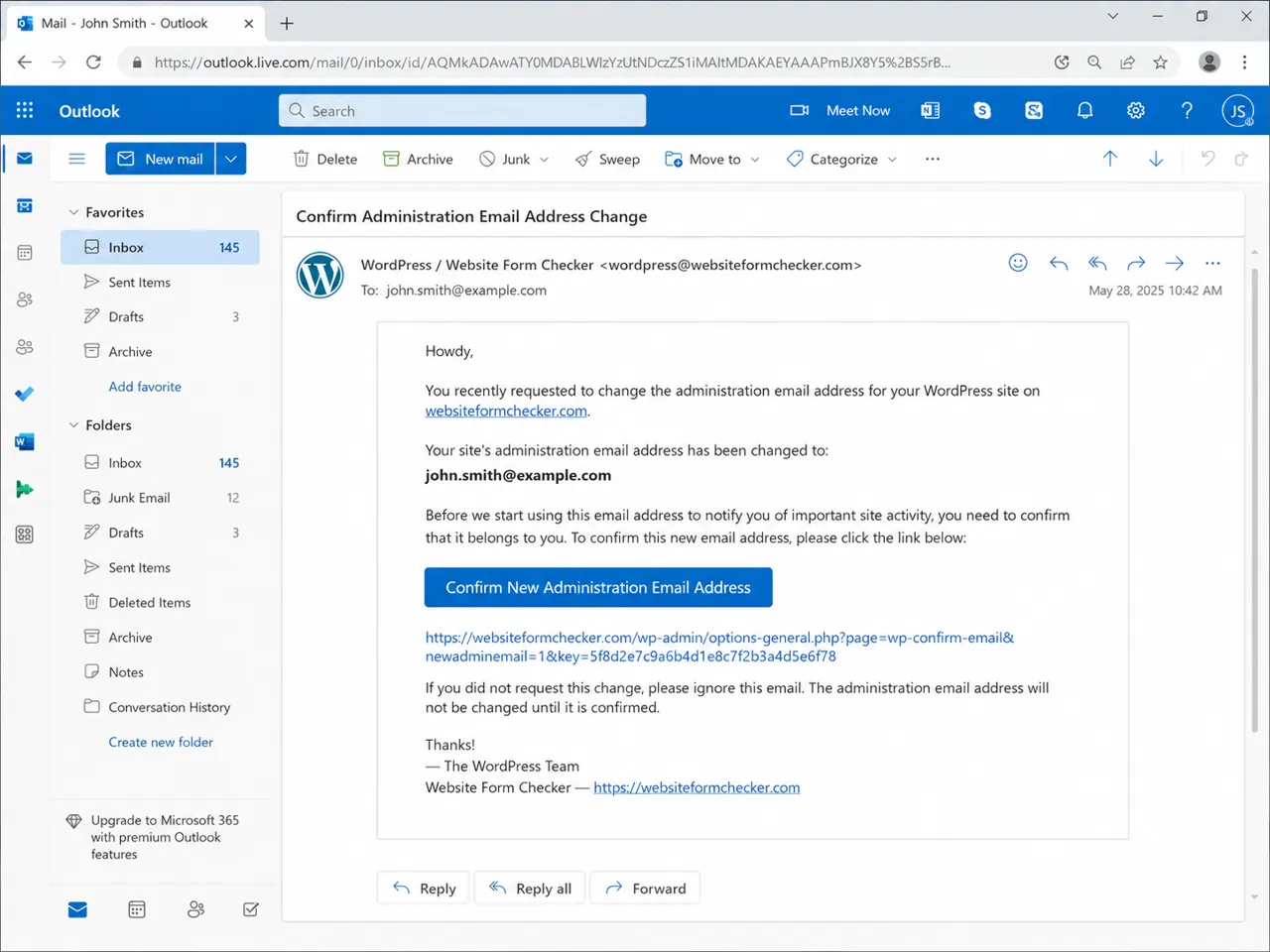 WordPress admin email change confirmation message explaining that the new address must be confirmed