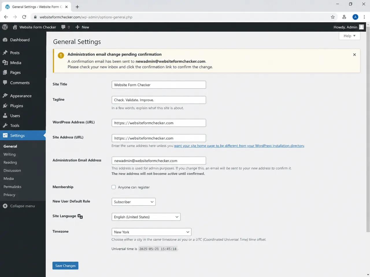WordPress General Settings screen showing a pending administration email change confirmation notice