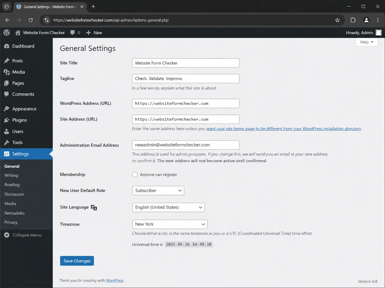 WordPress General Settings screen showing the confirmed new Administration Email Address