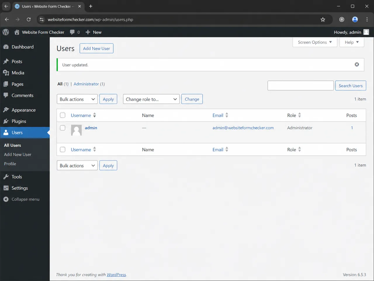 WordPress Users screen showing the administrator user email address for comparison