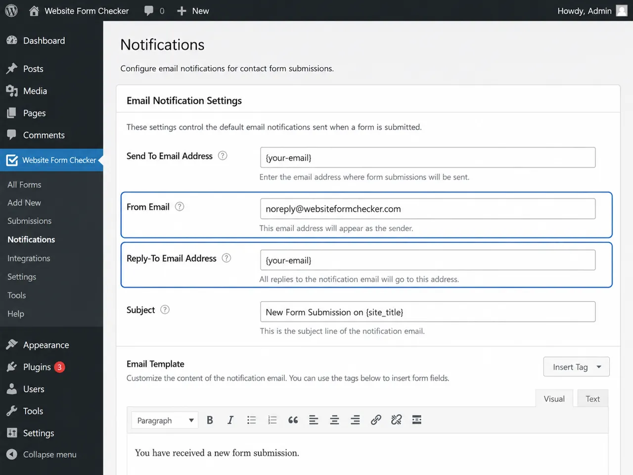 Contact form notification settings showing the From Email and Reply-To fields
