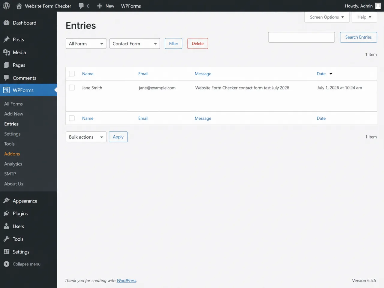 WordPress form entries screen showing a saved contact form test submission