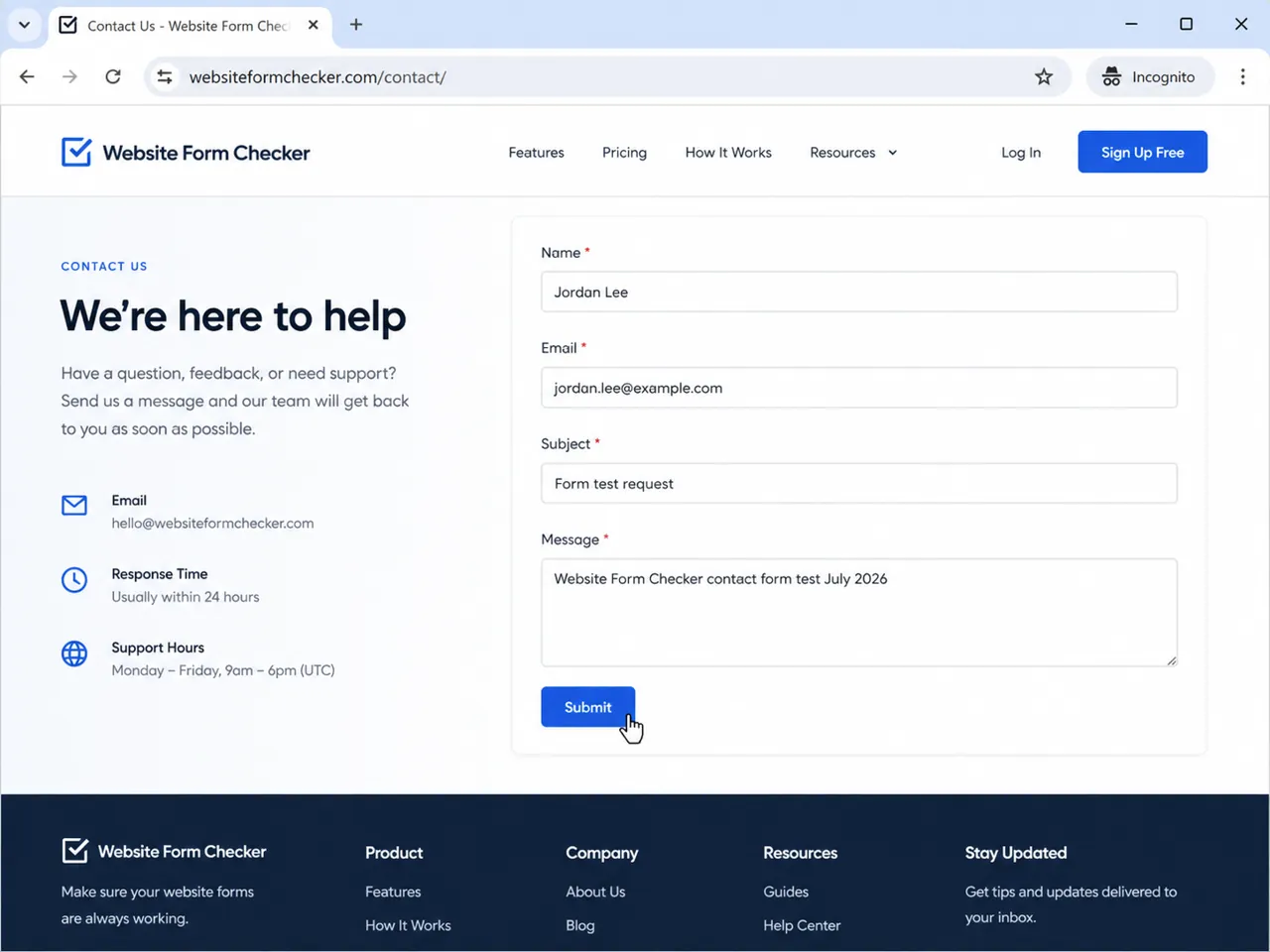 Live WordPress contact form being submitted in a private browser window.
