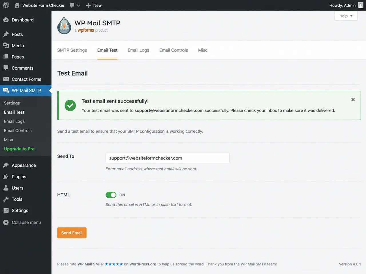 SMTP plugin test email screen showing a successful test result.