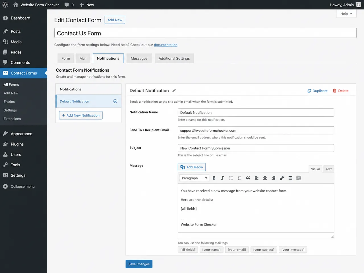 WordPress form notification settings showing the recipient email field.