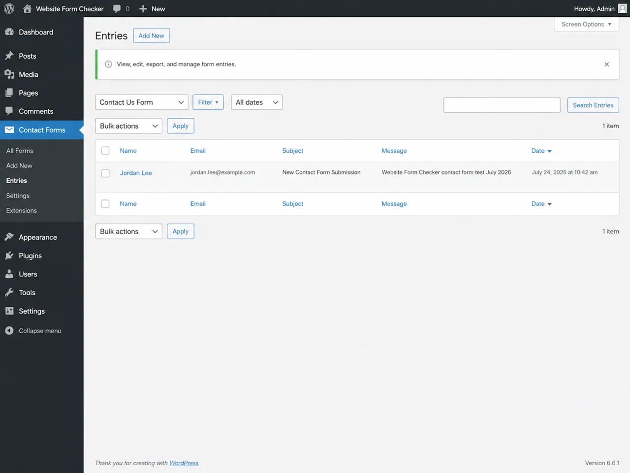 WordPress form submissions screen showing a recent test entry.