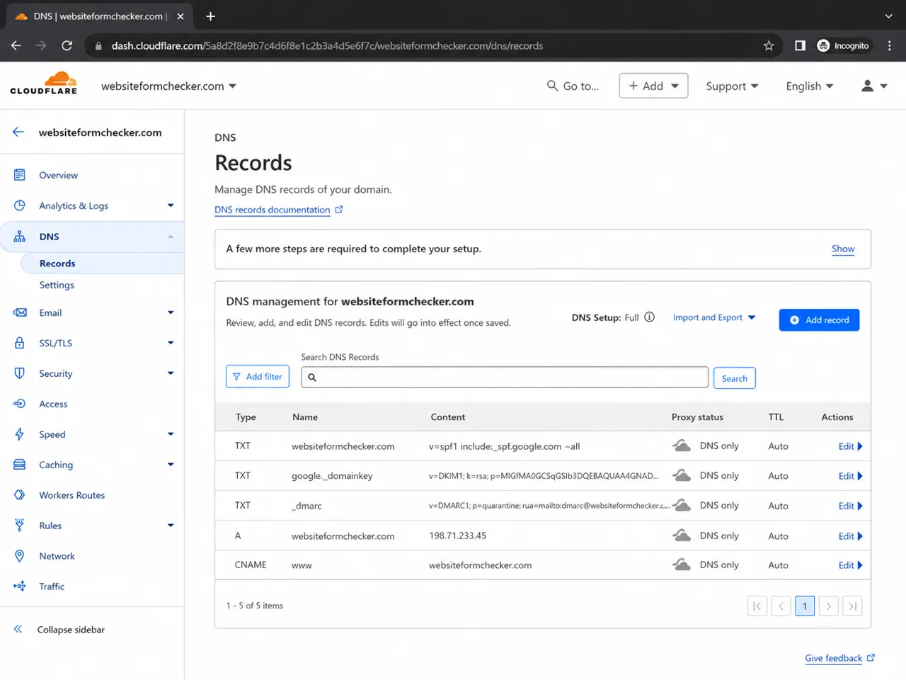 Domain DNS settings showing email authentication records for SPF, DKIM, or DMARC