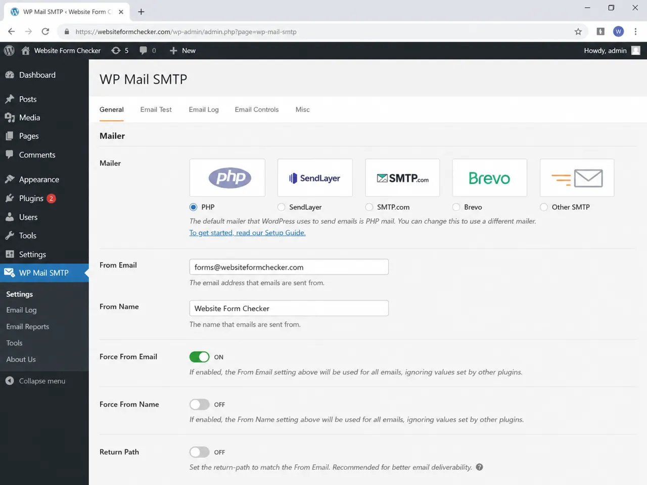SMTP plugin mailer settings showing the From Email and From Name fields
