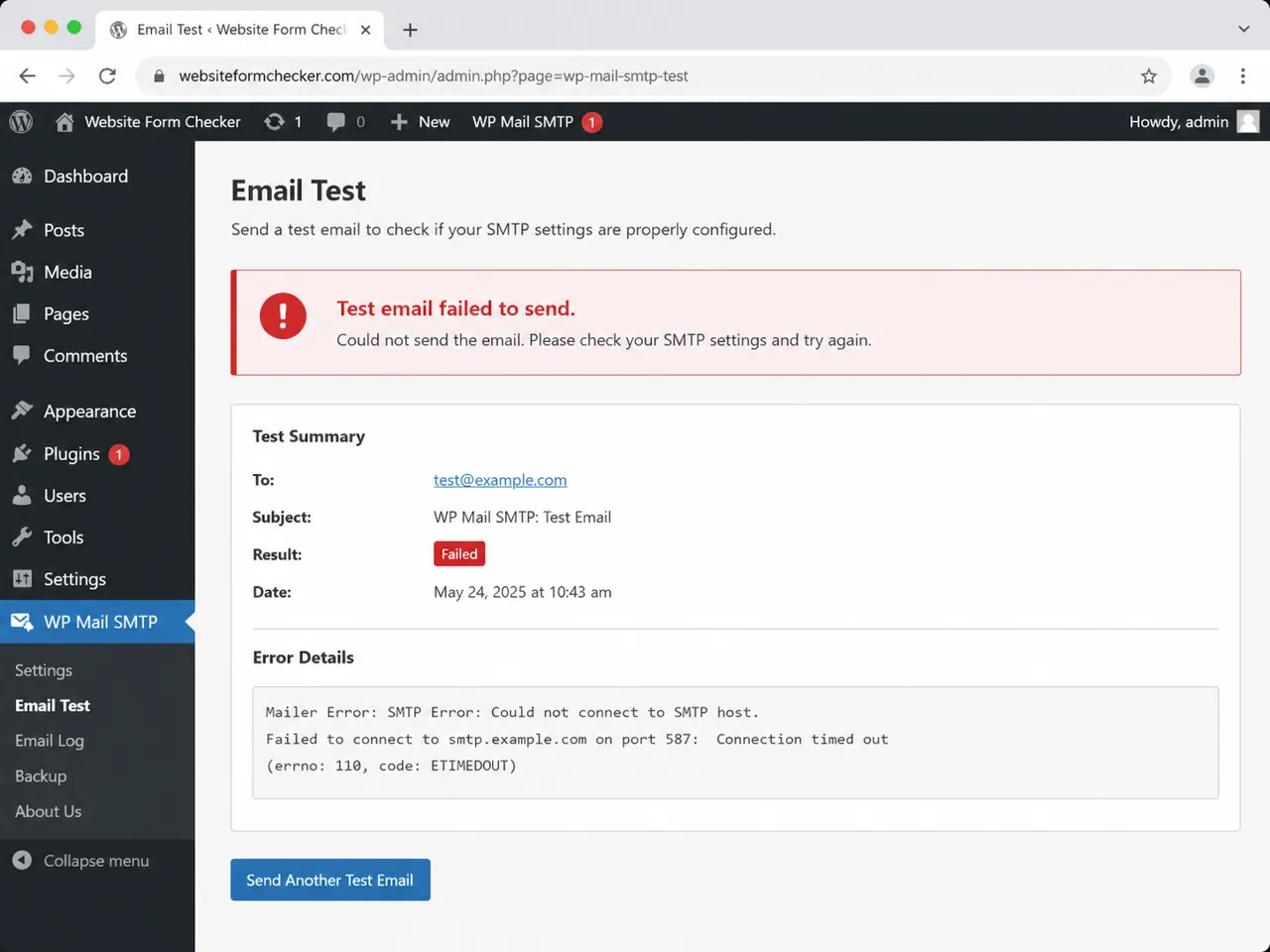 SMTP plugin test email result showing a failed email delivery message